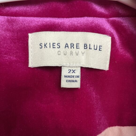 Skies are Blue Curvy Velvet Blazer Jacket Womens 2X Magenta 3/4 Ruched Sleeve - Picture 4 of 10